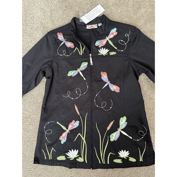 Quaker Factory Women's Jacket Size XS Black Cotton Embroidered Dragonflies NWT - Picture 3 of 16
